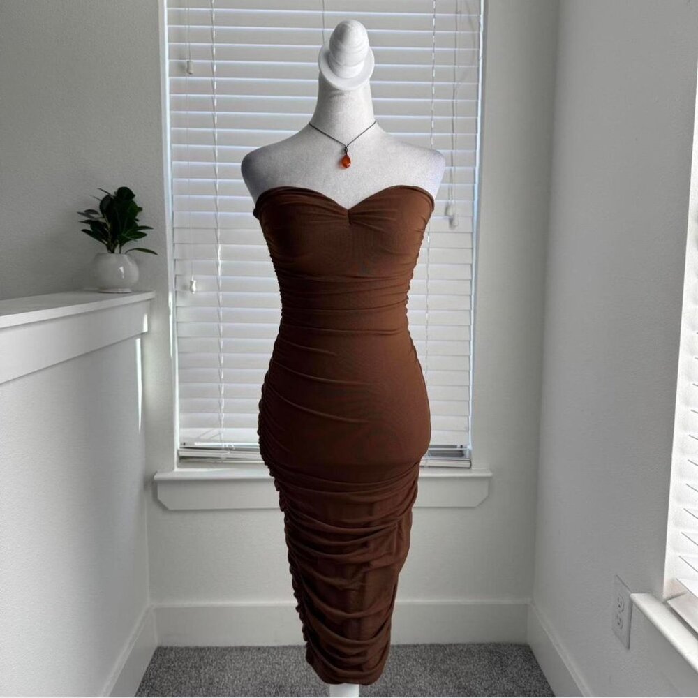 Brown Oh Polly Strapless Midi Dress 🤎 | Chic Party & Evening Vibes